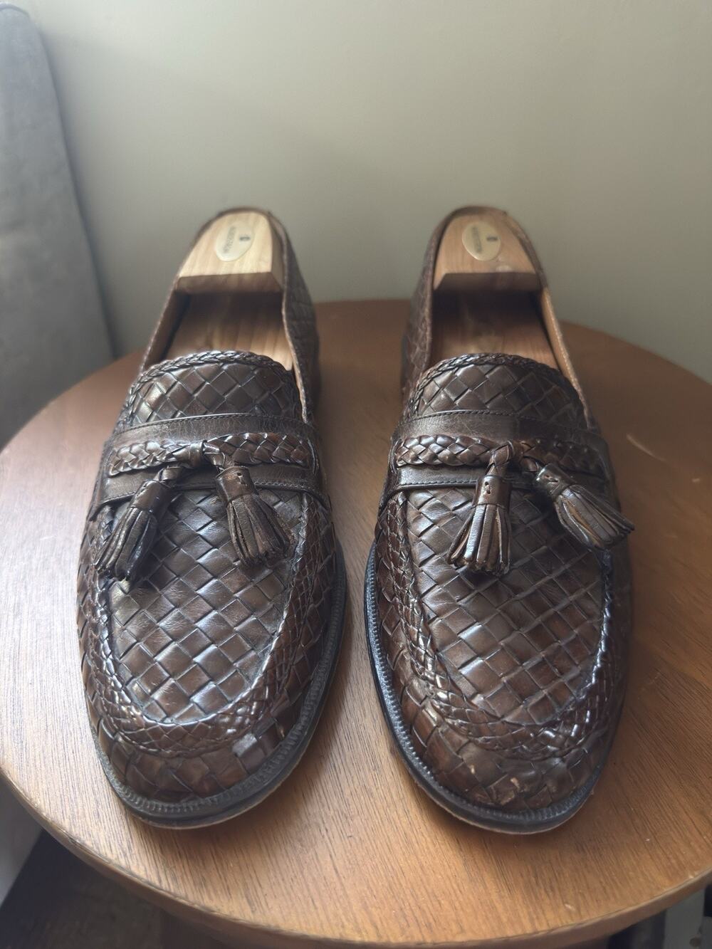 Magnanni Dark Brown Woven Leather Tassel Loafers — Made in Spain, Sz 10M